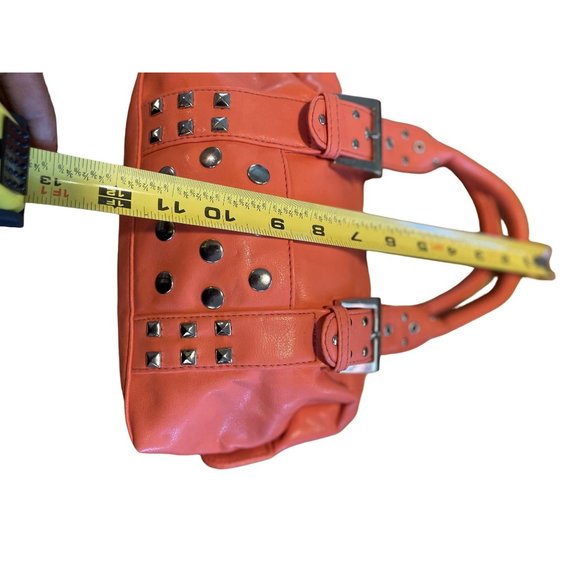 Orange Studded Synthetic Plastic Double Strap Zip Closure Hand Bag Purse - Picture 8 of 8